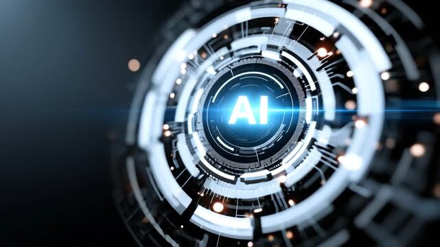 Futuristic representation of artificial intelligence (AI) with a glowing central logo