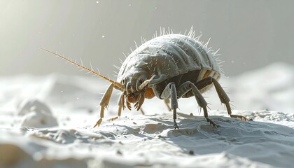 A highly detailed 3D render of a tiny, segmented insect with bristly body, antenna, and multiple legs on a surface with textured ground