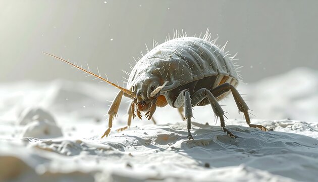 A highly detailed 3D render of a tiny, segmented insect with bristly body, antenna, and multiple legs on a surface with textured ground