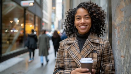 Smiling woman with smartphone and coffee on a bustling city street embracing urban lifestyle