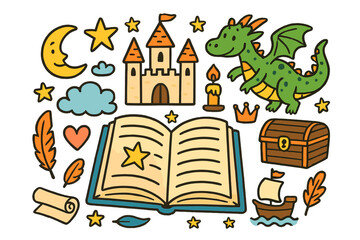Magical Storybook Adventure. Storytelling. Colorful Hand-drawn doodle Children illustration Open book, castle, dragon, star, moon, candle, quill, scroll,