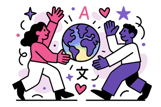 Unity in Diversity. Harmony in diversity. A glowing globe between two characters with abstract floating stars, hearts, and language symbols showing unity