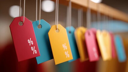 Colorful price tags with percentage symbols hanging in a row indicating sales and discounts in a retail setting - Powered by Adobe