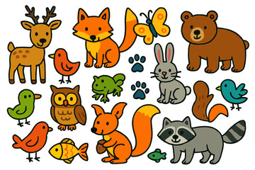 Colorful Animal Doodles. Animals. Colorful Hand-drawn doodle Children illustration Deer, fox, rabbit, bear, wolf, squirrel, owl, hedgehog, butterfly, bird,