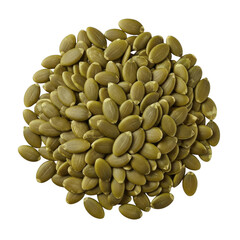 Pile of green pumpkin seeds against a pepitas food