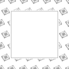 Hand drawn pizza square frame, pizza background in doodle style