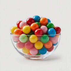 Clear glass bowl overflowing with vibrant colorful gumballs studio shot