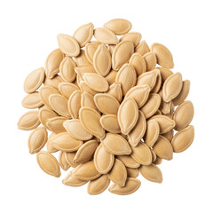Pile of light brown pumpkin seeds against a food ingredient