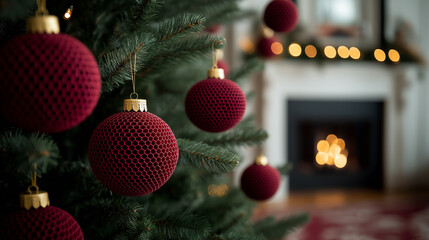 Christmas tree with red decorations against a blurred fireplace in a cozy and modern living room, in a close up view.	