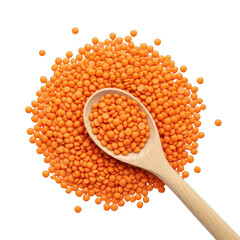 Pile of orange red lentils with wooden spoon food ingredient