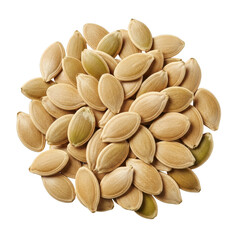 Pile of pumpkin seeds with green and tan shells against pepitas gourds