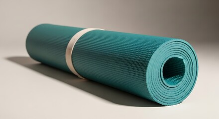Close-up of a rolled-up blue yoga mat secured with a strap promoting a healthy and flexible lifestyle