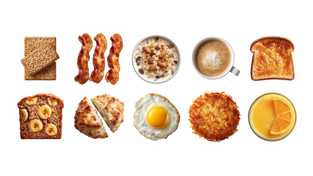 Breakfast, Bakery & Beverages - Orange Juice, Bacon Strip, Hash Brown, Banana Bread, Poached Egg, Scone, Flat White, Muesli, Muesli, Toast, Weet-Bix