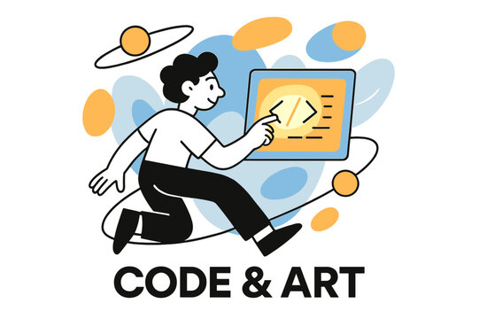 Code & Art Fusion. Art and technology. Character coding glowing interactive installation with floating