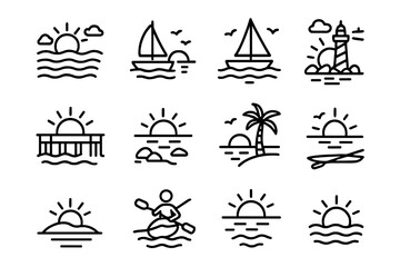 Sunset Icon Set. Sunset over water. Line icon set of Sunset over water: ocean waves, reflection, sailboat, lighthouse, pier, floating clouds, birds, sun,