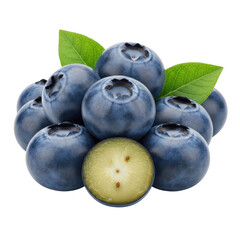 Pile of ripe blueberries with one cut in half showing seeds and green leaves blueberry fruit