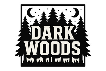 Obraz premium Dark Woods Design. Dark Woods ? Bold Block Lettering, stacked uppercase with chunky geometric serifs, heavy outline and flat 3D shading, poster-style layout