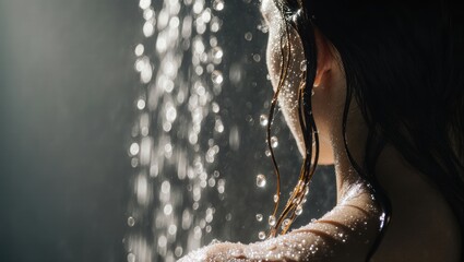 Water Droplets on Wet Hair in Shower Backlight