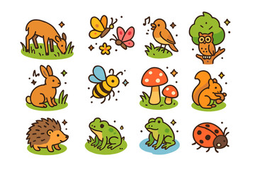 Obraz premium Isometric Wildlife Icons. Wildlife meadow. Colorful isometric vector icons set of wildlife meadow: grazing deer, wild rabbit, hedgehog, butterflies, singing