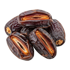 Pile of Ripe Medjool Dates One Cut Open Showing Orange Flesh and Seed Cavity fruit food