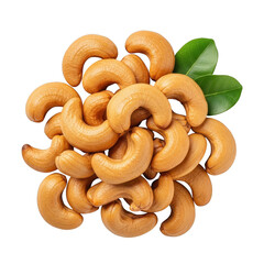 Pile of roasted cashew nuts with green leaves heap