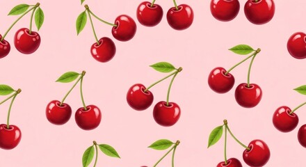 A seamless pattern of ripe, red cherries with green stems and leaves is set against a soft, pastel pink background