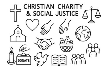 Fototapeta premium Charity Icons Doodle Art. Christian Charity and Social Justice. Hand-drawn doodle illustration christian charity and social justice cross, church, heart,