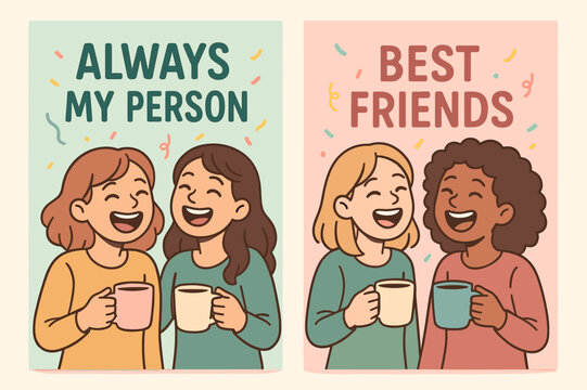 Joyful Friendship Banners. Best Friend. Two vertical A6 banners, cartoon, pastel mint and pink backgrounds, two friends laughing with coffee mugs and confetti,