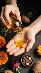 Hands Pouring Natural Oil Among Whole Botanicals