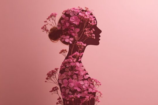 Female Silhouette Profile Filled with Pink Flowers and Branches on light pink Background