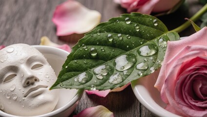 Water Droplets on Leaf with Clay Mask and Rose Petals
