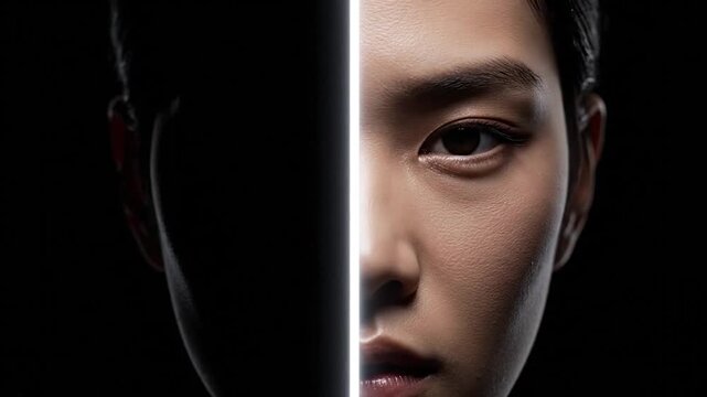 Close up portrait of a womans face split by a vertical light beam.