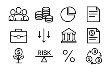 Mutual Fund Icons. Mutual funds. Line icon set of Mutual funds: group of people, stacked coins, pie chart, fund document, portfolio case, distribution arrows,