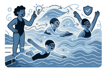 Vibrant Swim Training. Poolside learning. Glowing children practicing swimming drills, abstract floating light lines and geometric waves emphasizing learning,