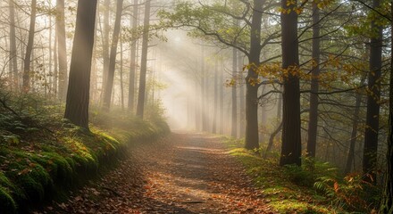Sunlight streaming through the trees in a misty forest during the autumn