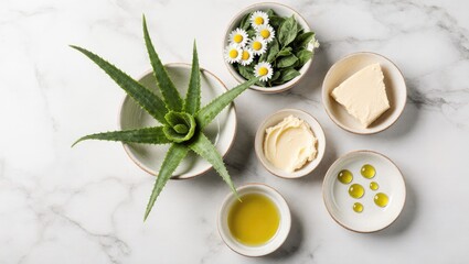 Natural Skincare Ingredients on White Marble Surface