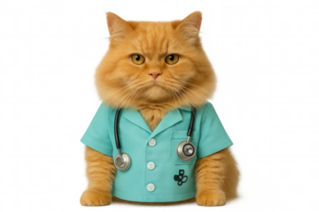 Ginger cat veterinarian wearing scrubs and stethoscope, providing pet medical care, humor concept, transparent background
