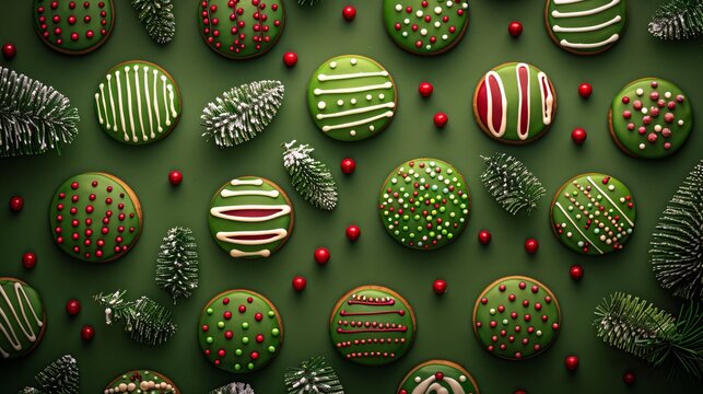 Festive flat lay of vibrant christmas cookies decorated with colorful icing in a joyful scene - Powered by Adobe