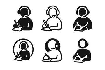 Webinar Logo Variations. Webinars and workshops. Set Logo of Webinars and workshops: Headset-wearing attendee taking notes. harmonious logo variations of the