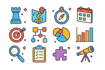 Strategic Icons Collection. Strategic Planning. Colorful isometric vector icons set of strategic planning: chess rook, roadmap, compass, calendar, target,