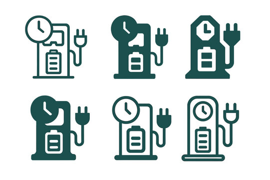 EV Logo Variations. Driving schedule planner. Set Logo of Driving schedule planner: EV charging station with timed plug and battery indicator. harmonious logo