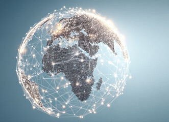 Digital globe illustration depicting interconnected nodes and lines, representing global communication, technology, and networking in a modern, abstract design with a soft blue background