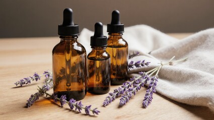 Amber Serum Bottles with Lavender on Oak Wood