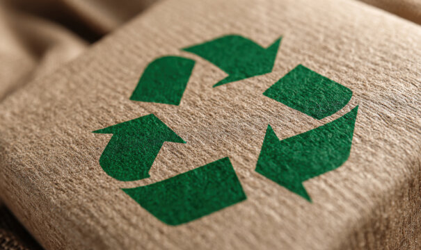 Green recycling symbol printed on textured brown cardboard, representing sustainability and environmental awareness, ideal for eco-friendly design concepts and initiatives - Powered by Adobe