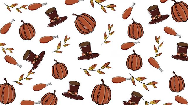 Animated of Thanksgiving pattern with festive hats, pumpkins, turkey legs  colorful leaves. Suitable for thanksgiving decorations, wrapping paper, and seasonal designs.