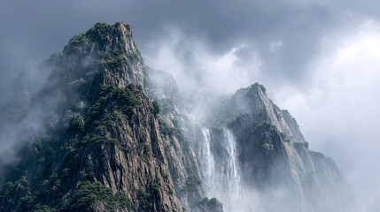 Hyperrealistic waterfall with glowing mist rising from cascading water, capturing motion, ethereal beauty, natural power, serenity, and the luminous magic of flowing water.