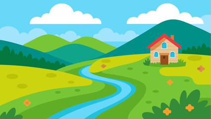 Charming cartoon house nestled in a lush green valley with a winding river