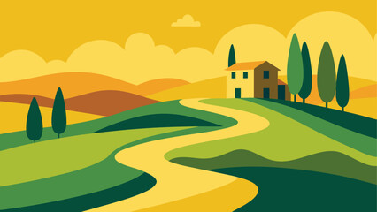 Stylized tuscan landscape with a villa and winding path