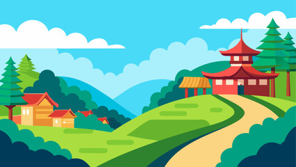 Serene japanese village with pagoda and rolling hills