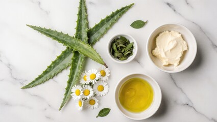 Natural Skincare Ingredients on White Marble Surface